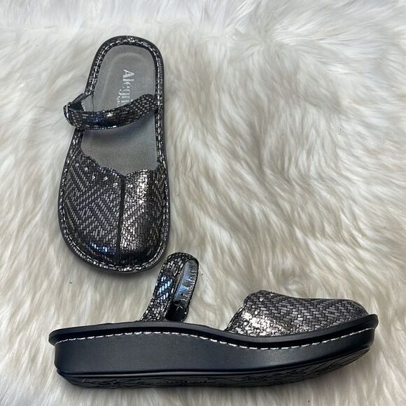 Alegria Tuscany Pewter Dazzle Leather Strapped Slides Sz 38/US 8-8.5 - Picture 1 of 7